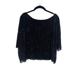 Retro Sequin Mesh Top Black 3X Cropped Neutral Grunge Punk Celestial Chic 80s